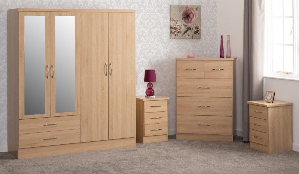 Seconique Nevada 4 Door 2 Drawer Mirrored Wardrobe Bedroom Set Sonoma Oak Effect