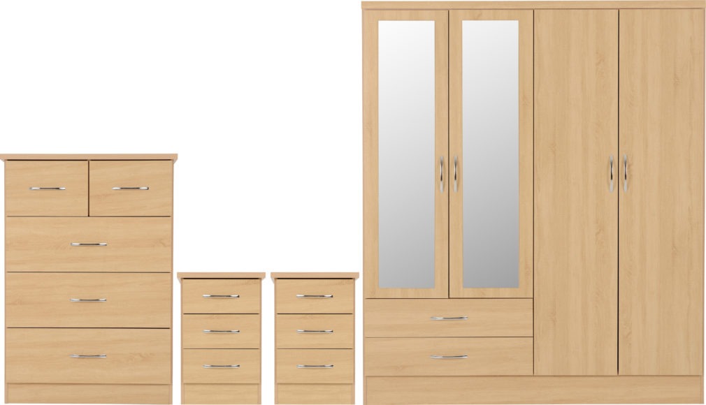 seconique Nevada 4 Door 2 Drawer Mirrored Wardrobe Bedroom Set Sonoma Oak Effect