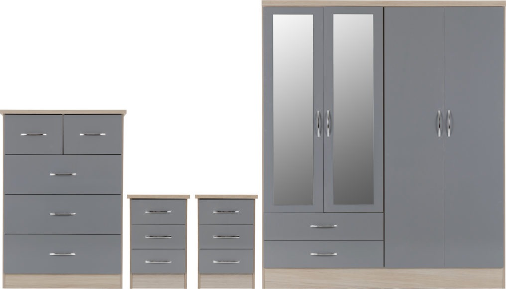 seconique Nevada 4 Door 2 Drawer Mirrored Wardrobe Bedroom Set Grey Gloss/Light Oak Effect Veneer