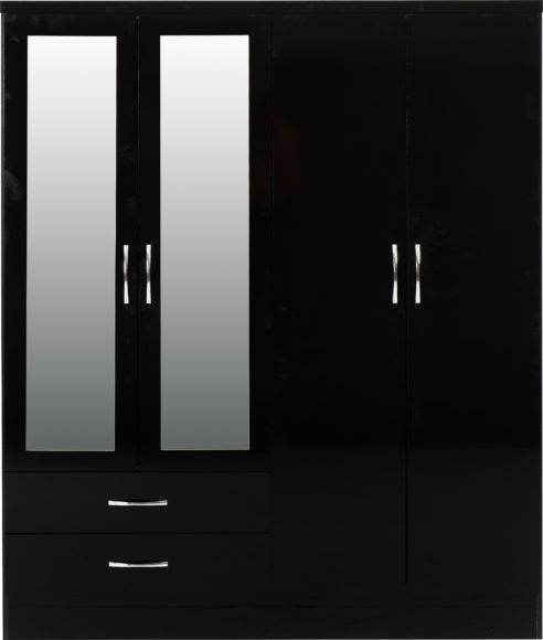 Seconique Nevada 4 Door 2 Drawer Mirrored Wardrobe Black Gloss