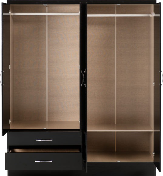 Seconique Nevada 4 Door 2 Drawer Mirrored Wardrobe Black Gloss