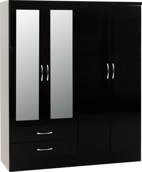 seconique Nevada 4 Door 2 Drawer Mirrored Wardrobe Black Gloss