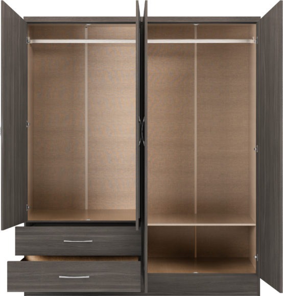 Seconique Nevada 4 Door 2 Drawer Mirrored Wardrobe Black Wood Grain