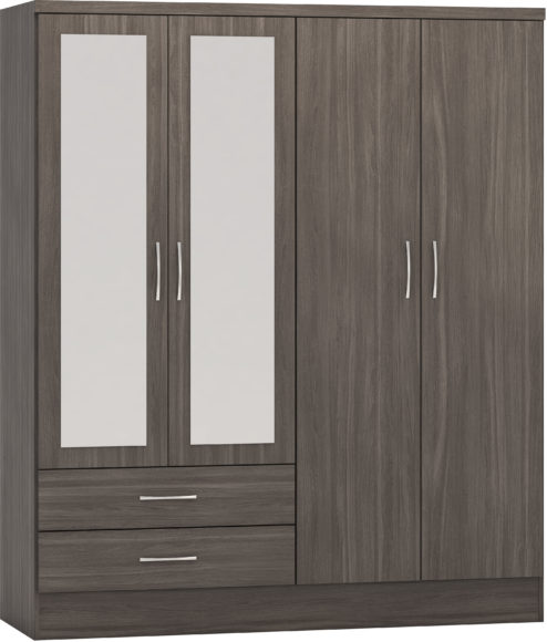 seconique Nevada 4 Door 2 Drawer Mirrored Wardrobe Black Wood Grain