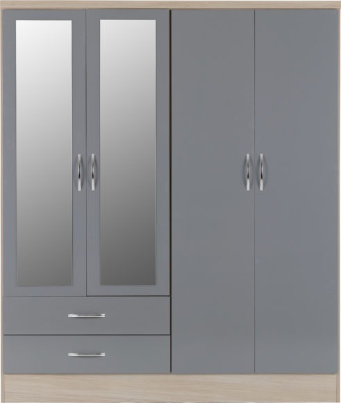 Seconique Nevada 4 Door 2 Drawer Mirrored Wardrobe Grey Gloss/Light Oak Effect Veneer