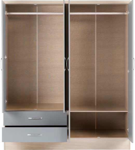 Seconique Nevada 4 Door 2 Drawer Mirrored Wardrobe Grey Gloss/Light Oak Effect Veneer