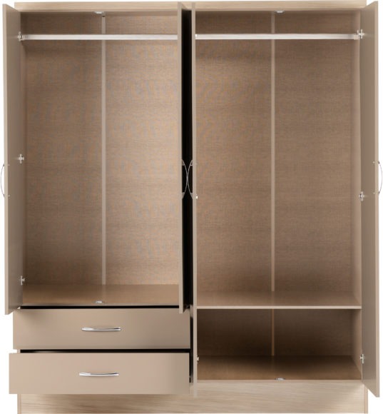 Seconique Nevada 4 Door 2 Drawer Mirrored Wardrobe Oyster Gloss/Light Oak Effect Veneer