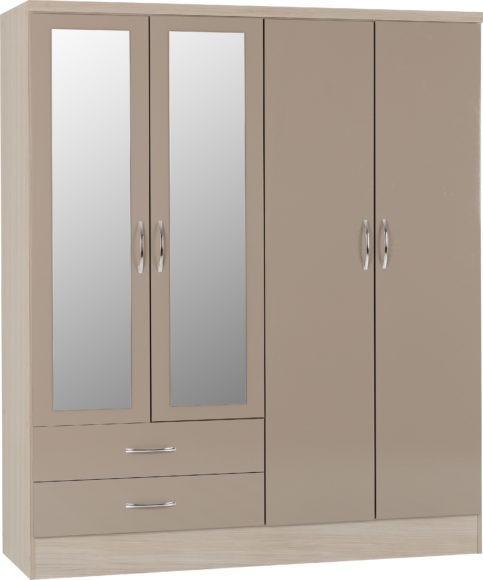 seconique Nevada 4 Door 2 Drawer Mirrored Wardrobe Oyster Gloss/Light Oak Effect Veneer