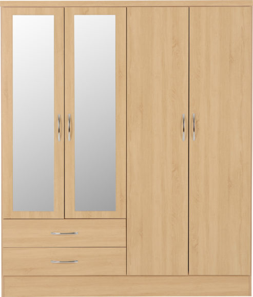 Seconique Nevada 4 Door 2 Drawer Mirrored Wardrobe Sonoma Oak Effect