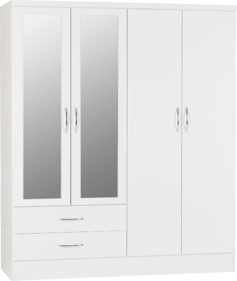 seconique Nevada 4 Door 2 Drawer Mirrored Wardrobe White Gloss