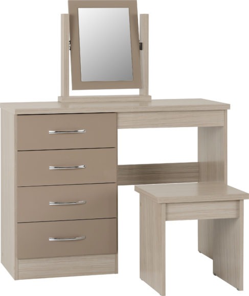 Seconique Nevada 4 Drawer Dressing Table Set Oyster Gloss/Light Oak Effect Veneer
