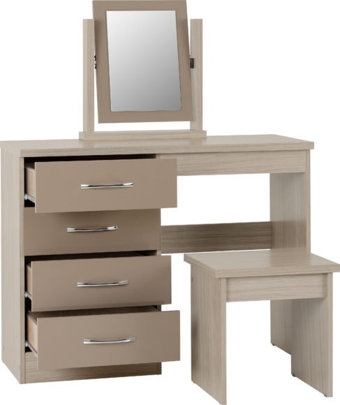 Seconique Nevada 4 Drawer Dressing Table Set Oyster Gloss/Light Oak Effect Veneer
