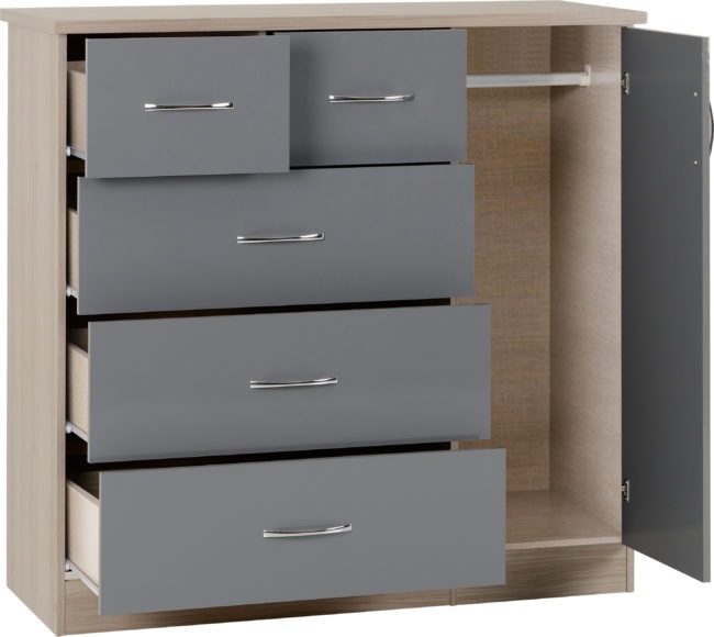 Seconique Nevada 5 Drawer Low Wardrobe Grey Gloss/Light Oak Effect Veneer