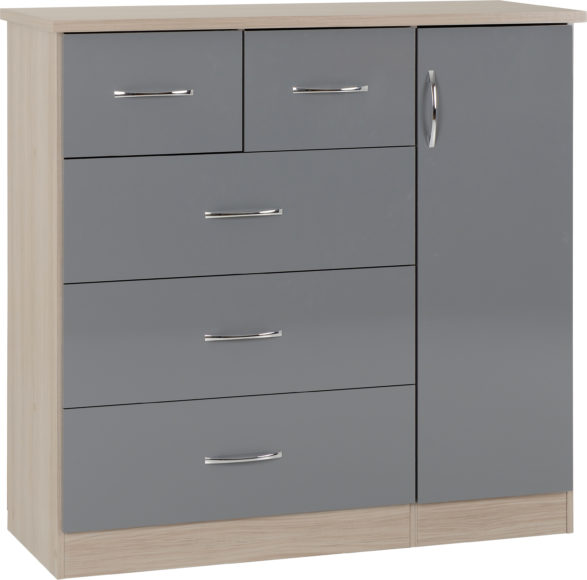 seconique Nevada 5 Drawer Low Wardrobe Grey Gloss/Light Oak Effect Veneer