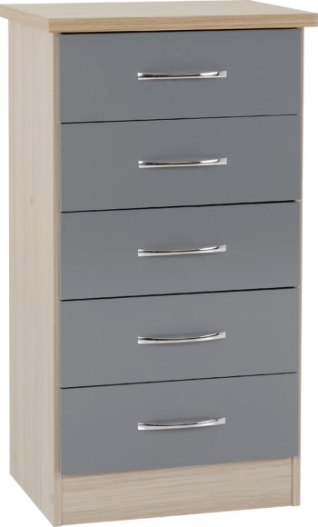 Seconique Nevada 5 Drawer Narrow Chest Grey Gloss/Light Oak Effect Veneer