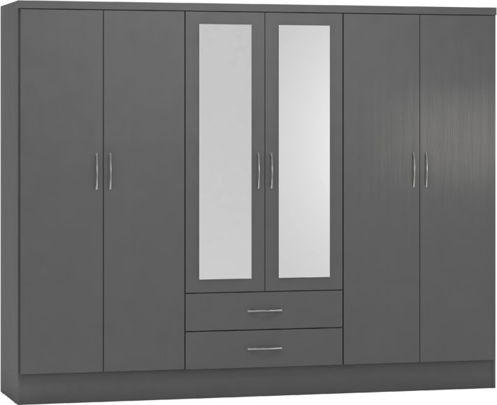 Seconique Nevada 6 Door 2 Drawer Mirrored Wardrobe 3D Effect Grey