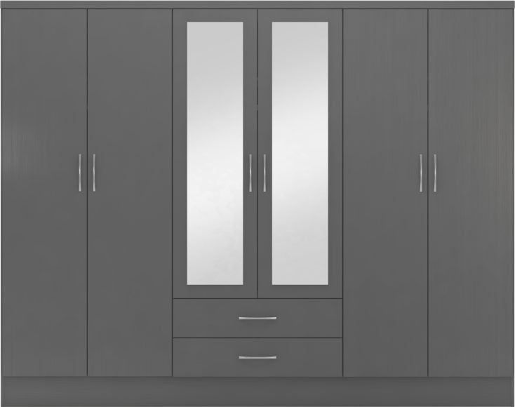 Seconique Nevada 6 Door 2 Drawer Mirrored Wardrobe 3D Effect Grey