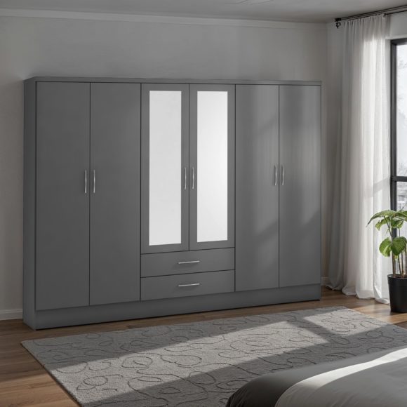 seconique Nevada 6 Door 2 Drawer Mirrored Wardrobe 3D Effect Grey
