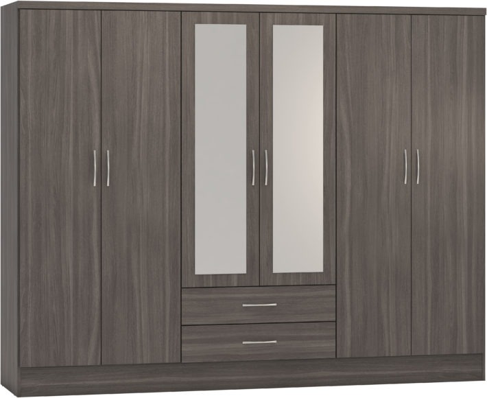 Seconique Nevada 6 Door 2 Drawer Mirrored Wardrobe Black Wood Grain