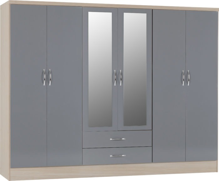 Seconique Nevada 6 Door 2 Drawer Mirrored Wardrobe Grey Gloss/Light Oak Effect Veneer