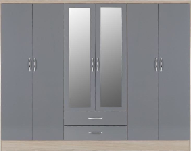 Seconique Nevada 6 Door 2 Drawer Mirrored Wardrobe Grey Gloss/Light Oak Effect Veneer