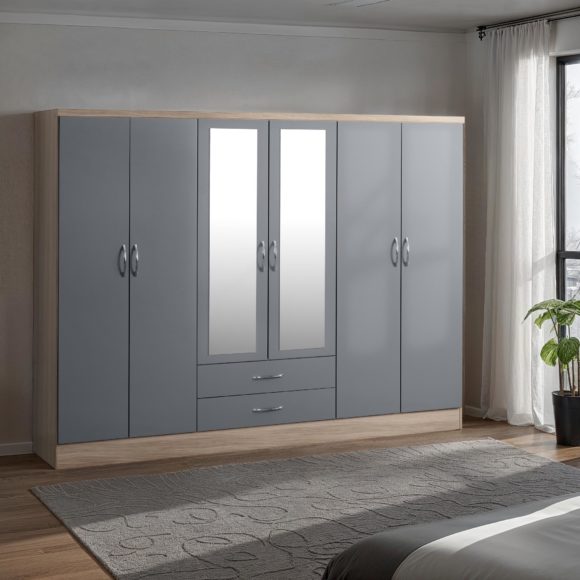 seconique Nevada 6 Door 2 Drawer Mirrored Wardrobe Grey Gloss/Light Oak Effect Veneer