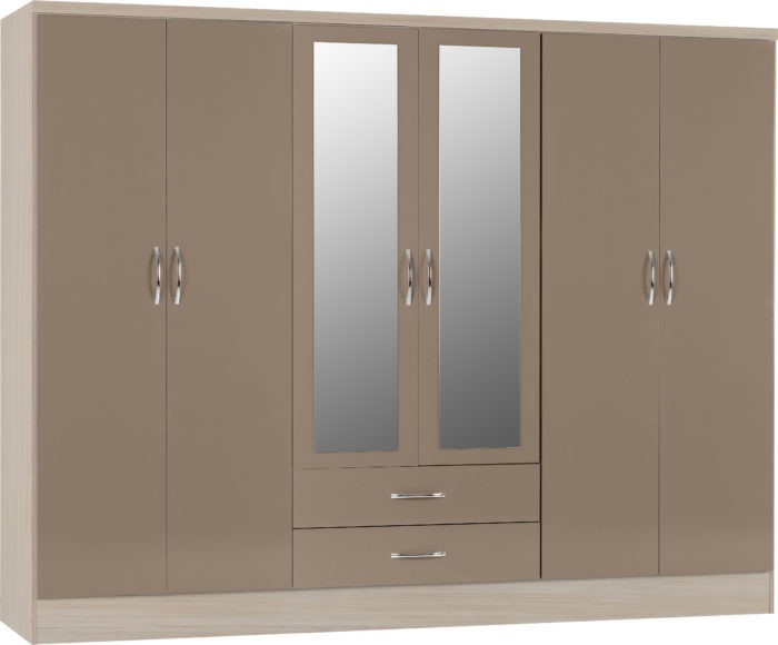 Seconique Nevada 6 Door 2 Drawer Mirrored Wardrobe Oyster Gloss/Light Oak Effect Veneer