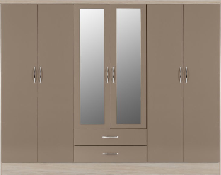 Seconique Nevada 6 Door 2 Drawer Mirrored Wardrobe Oyster Gloss/Light Oak Effect Veneer