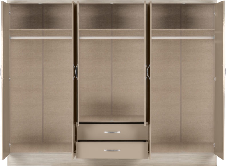 Seconique Nevada 6 Door 2 Drawer Mirrored Wardrobe Oyster Gloss/Light Oak Effect Veneer