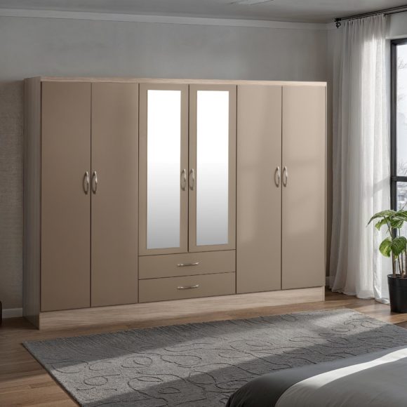 seconique Nevada 6 Door 2 Drawer Mirrored Wardrobe Oyster Gloss/Light Oak Effect Veneer
