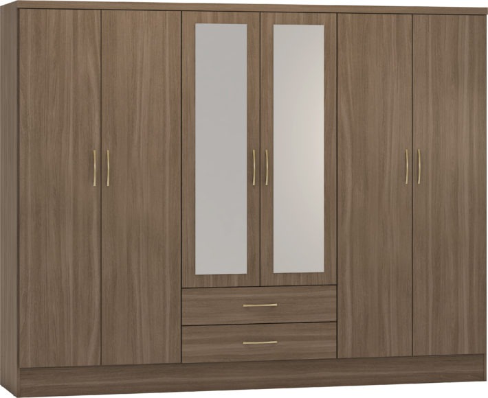 Seconique Nevada 6 Door 2 Drawer Mirrored Wardrobe Rustic Oak Effect