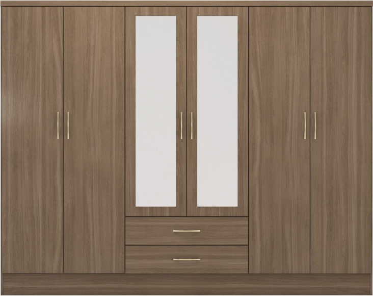 Seconique Nevada 6 Door 2 Drawer Mirrored Wardrobe Rustic Oak Effect