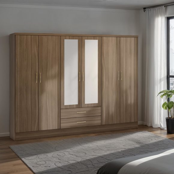 seconique Nevada 6 Door 2 Drawer Mirrored Wardrobe Rustic Oak Effect