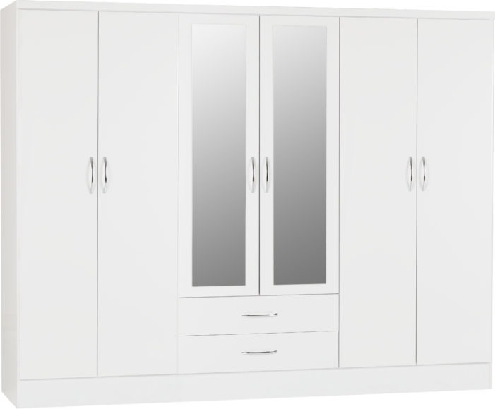 Seconique Nevada 6 Door 2 Drawer Mirrored Wardrobe White Gloss