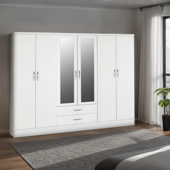 seconique Nevada 6 Door 2 Drawer Mirrored Wardrobe White Gloss