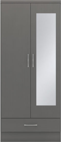 Seconique Nevada Mirrored 2 Door 1 Drawer Wardrobe 3D Effect Grey