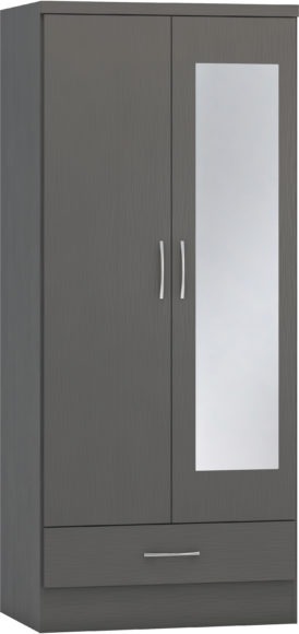 seconique Nevada Mirrored 2 Door 1 Drawer Wardrobe 3D Effect Grey