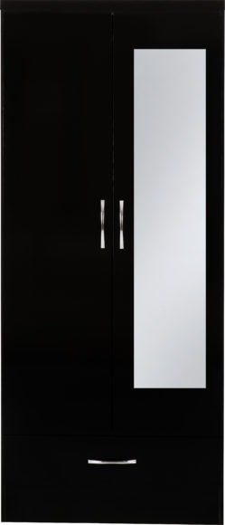 Seconique Nevada Mirrored 2 Door 1 Drawer Wardrobe Black Gloss