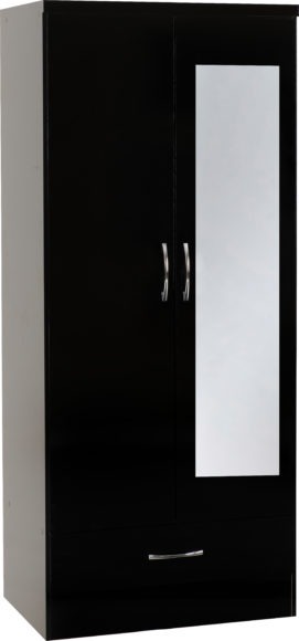 seconique Nevada Mirrored 2 Door 1 Drawer Wardrobe Black Gloss