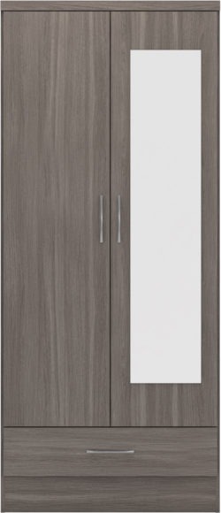Seconique Nevada Mirrored 2 Door 1 Drawer Wardrobe Black Wood Grain
