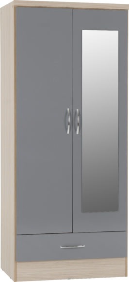 Seconique Nevada Mirrored 2 Door 1 Drawer Wardrobe Grey Gloss/Light Oak Effect Veneer
