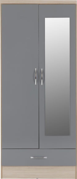 Seconique Nevada Mirrored 2 Door 1 Drawer Wardrobe Grey Gloss/Light Oak Effect Veneer