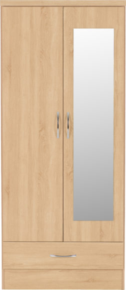 Seconique Nevada Mirrored 2 Door 1 Drawer Wardrobe Sonoma Oak Effect