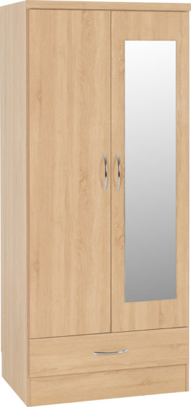 seconique Nevada Mirrored 2 Door 1 Drawer Wardrobe Sonoma Oak Effect
