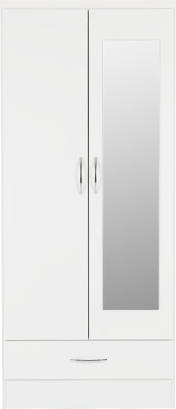 Seconique Nevada Mirrored 2 Door 1 Drawer Wardrobe White Gloss