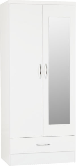 seconique Nevada Mirrored 2 Door 1 Drawer Wardrobe White Gloss