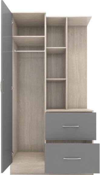 Seconique Nevada Mirrored Open Shelf Wardrobe Grey Gloss/Light Oak Effect Veneer