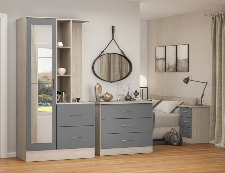 Seconique Nevada Mirrored Open Shelf Wardrobe Grey Gloss/Light Oak Effect Veneer