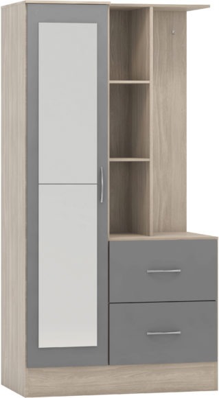 seconique Nevada Mirrored Open Shelf Wardrobe Grey Gloss/Light Oak Effect Veneer