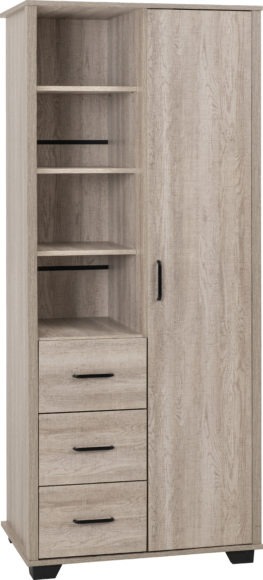Seconique Oliver 1 Door 3 Drawer Open Shelf Wardrobe Light Oak Effect